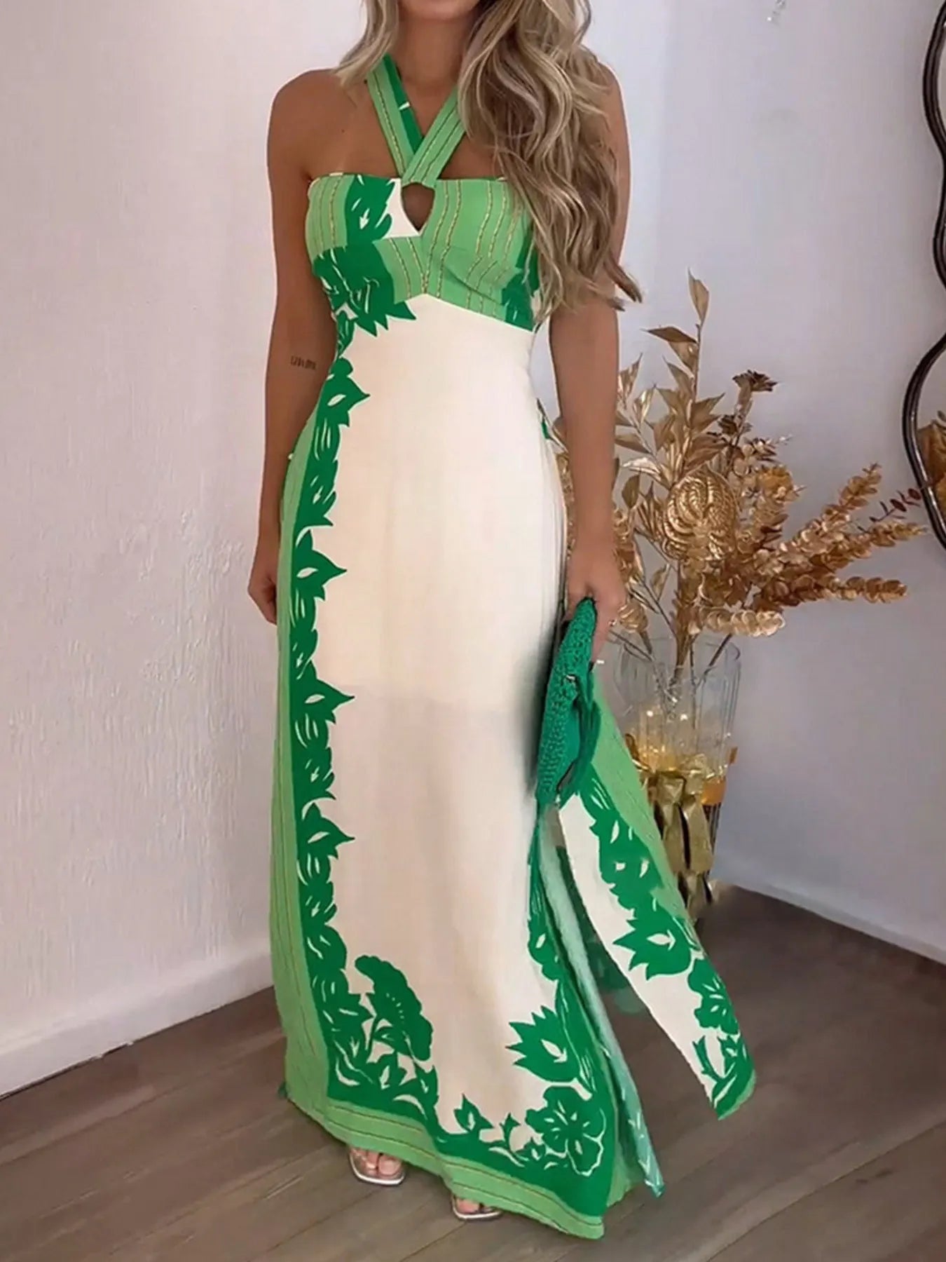 Halter Neck Leaf Print Maxi Dress – Supernovarieties Boutique
