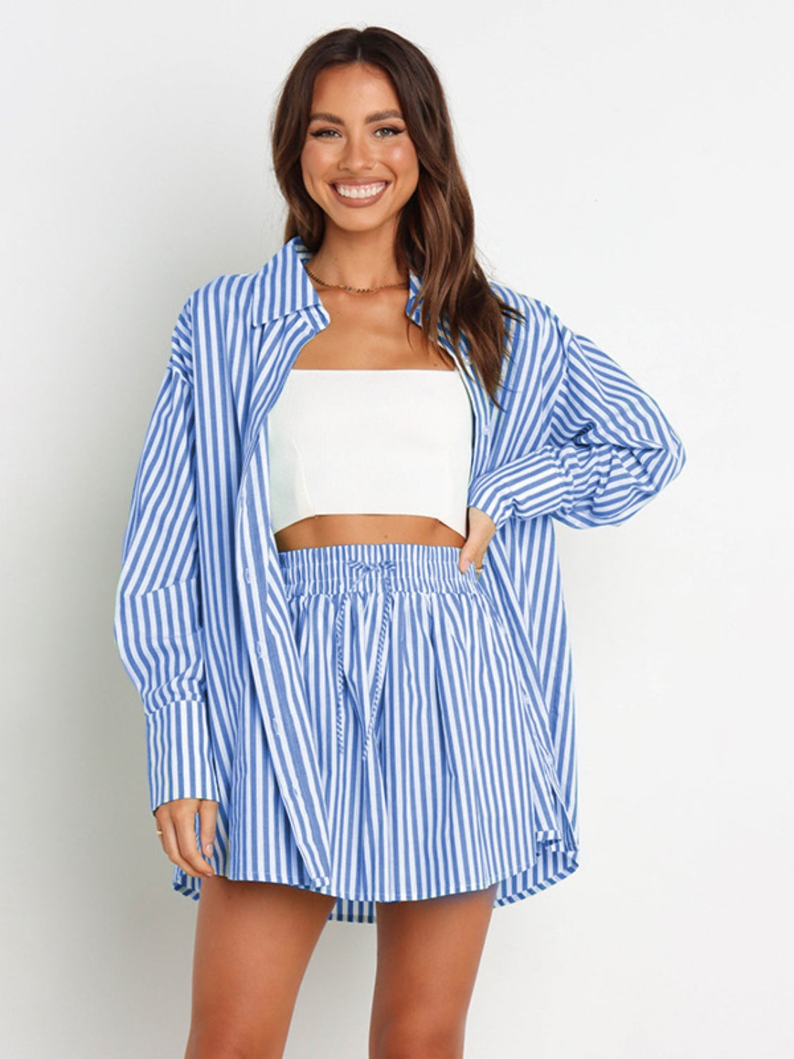 Striped Dropped Shoulder Shirt and Shorts Set - Supernovarieties Boutique