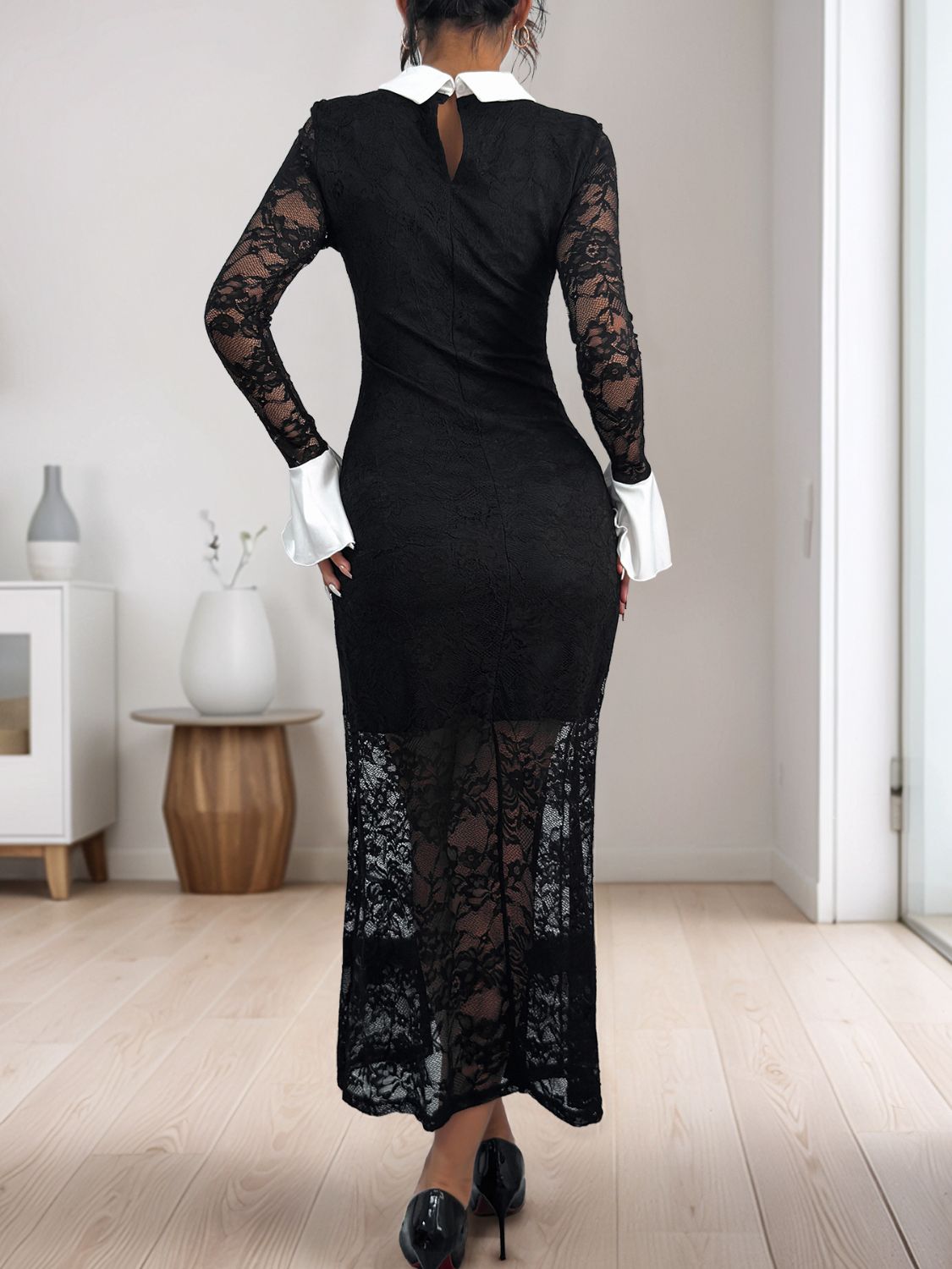 Perfee Lace Contrast Collared Neck Long Sleeve Midi Dress - Supernovarieties Boutique