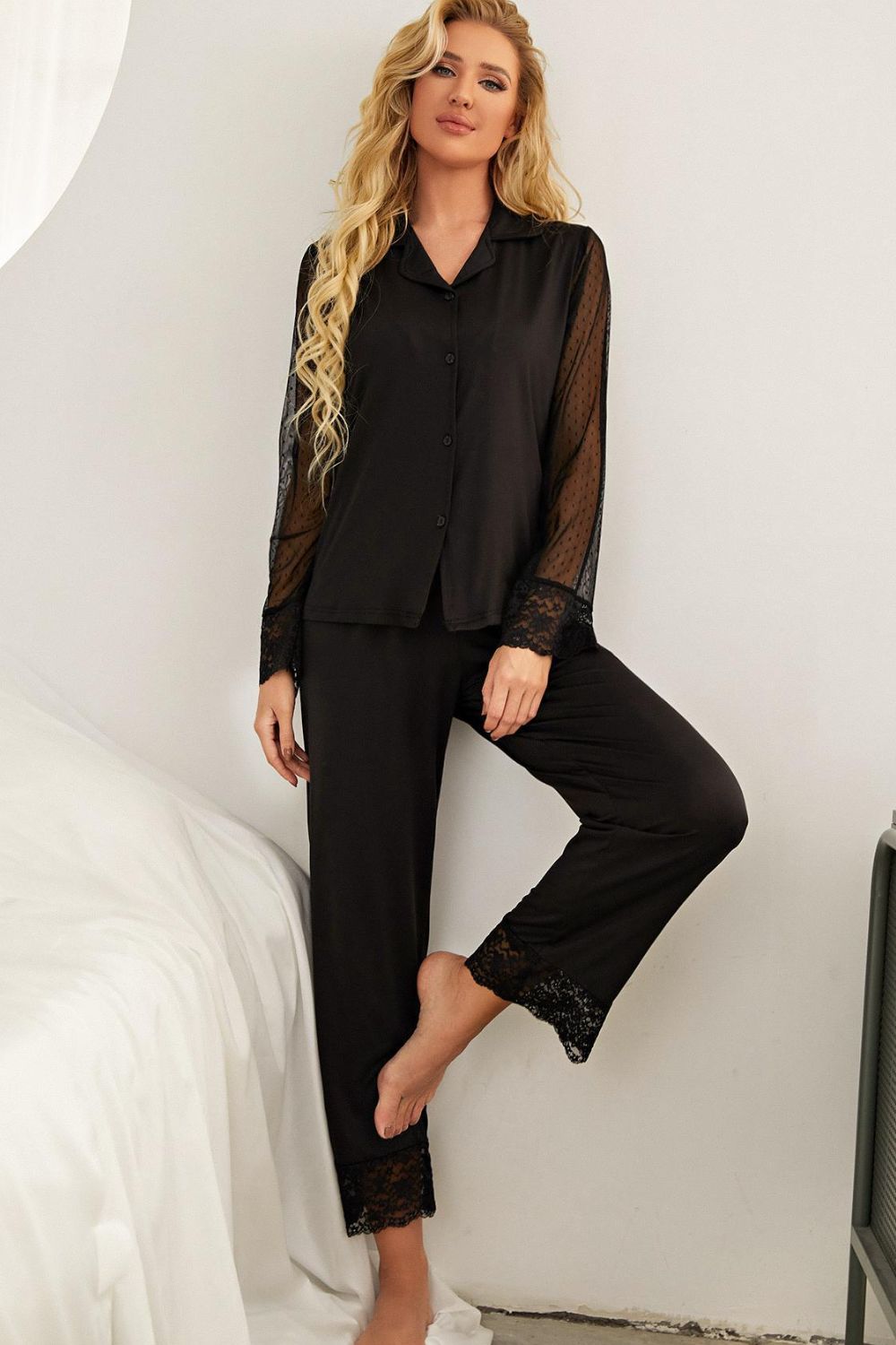 Spliced Lace Lapel Collar Pajama Set - Supernovarieties Boutique