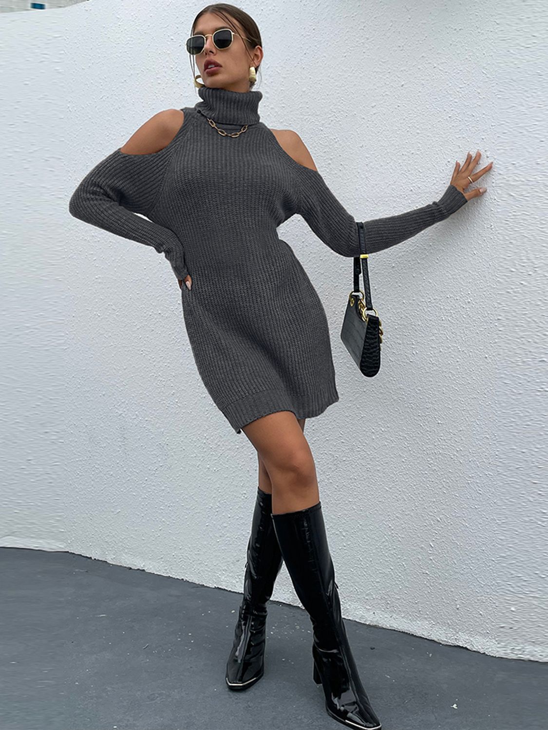 Turtleneck Cold-Shoulder Sweater Dress - Supernovarieties Boutique