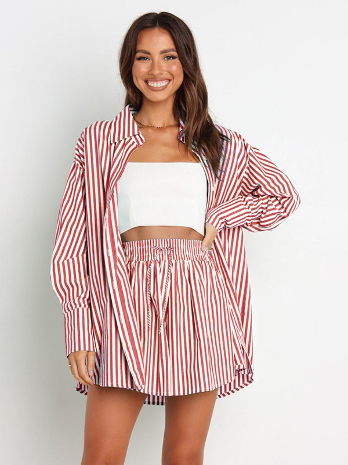 Striped Dropped Shoulder Shirt and Shorts Set - Supernovarieties Boutique