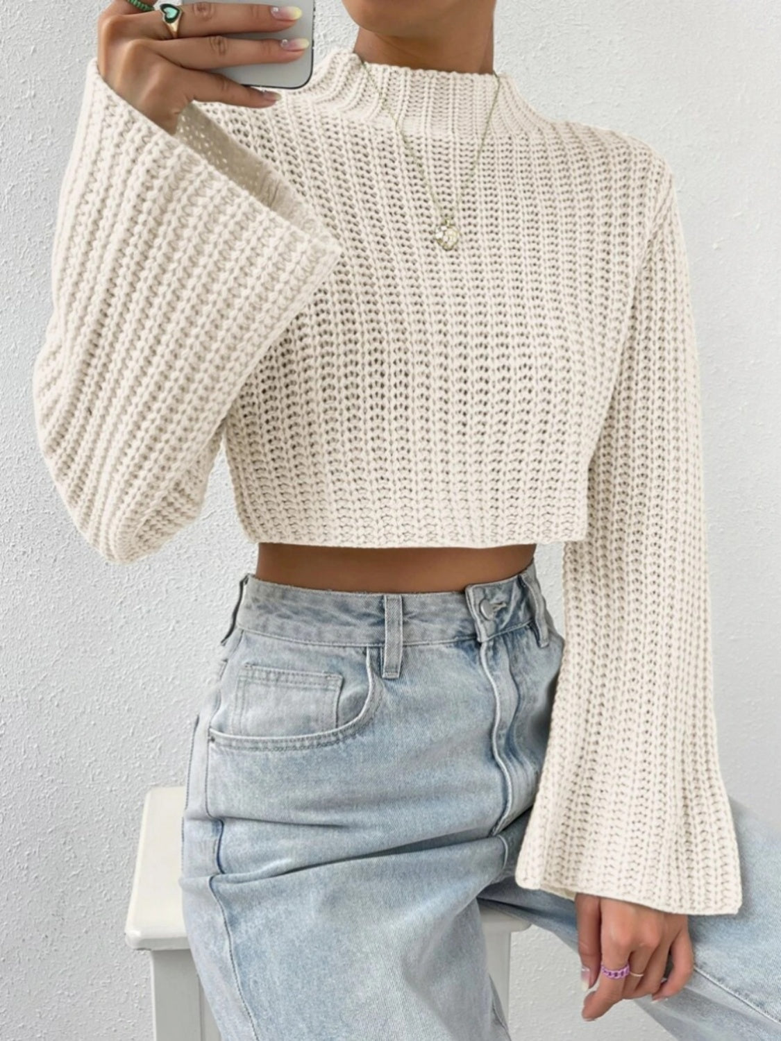 Mock Neck Long Sleeve Cropped Sweater - Supernovarieties Boutique