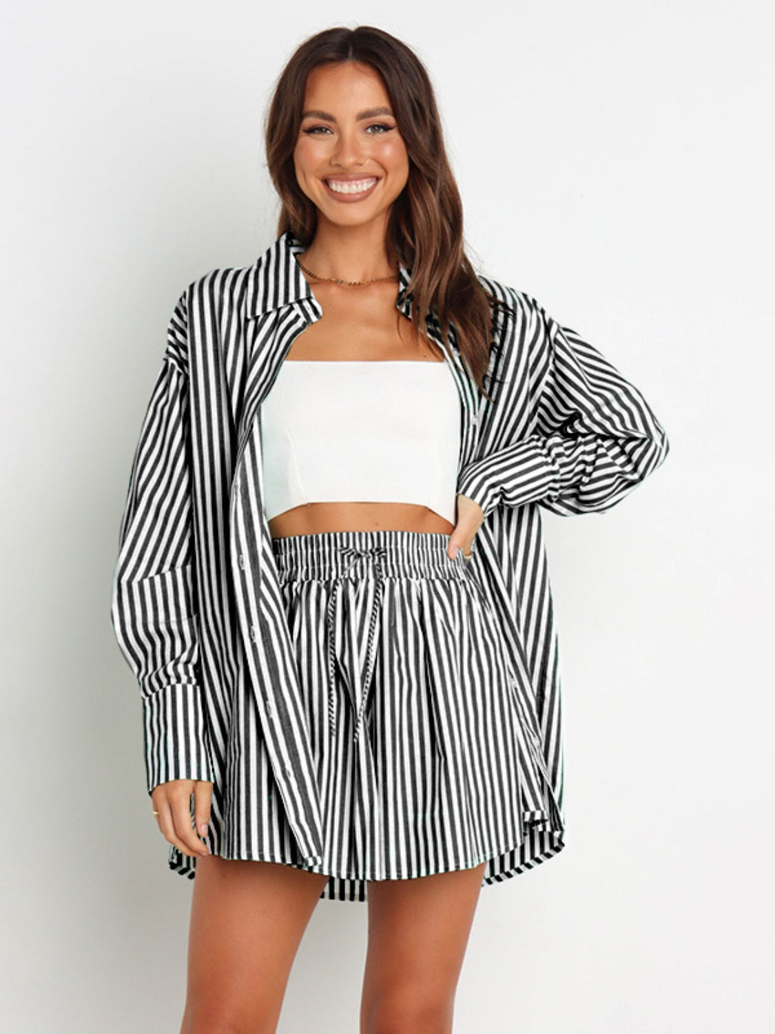 Striped Dropped Shoulder Shirt and Shorts Set - Supernovarieties Boutique