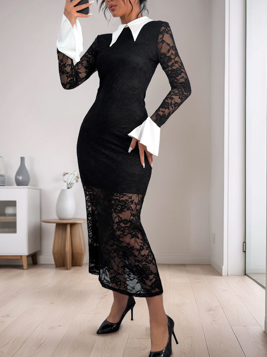 Perfee Lace Contrast Collared Neck Long Sleeve Midi Dress - Supernovarieties Boutique