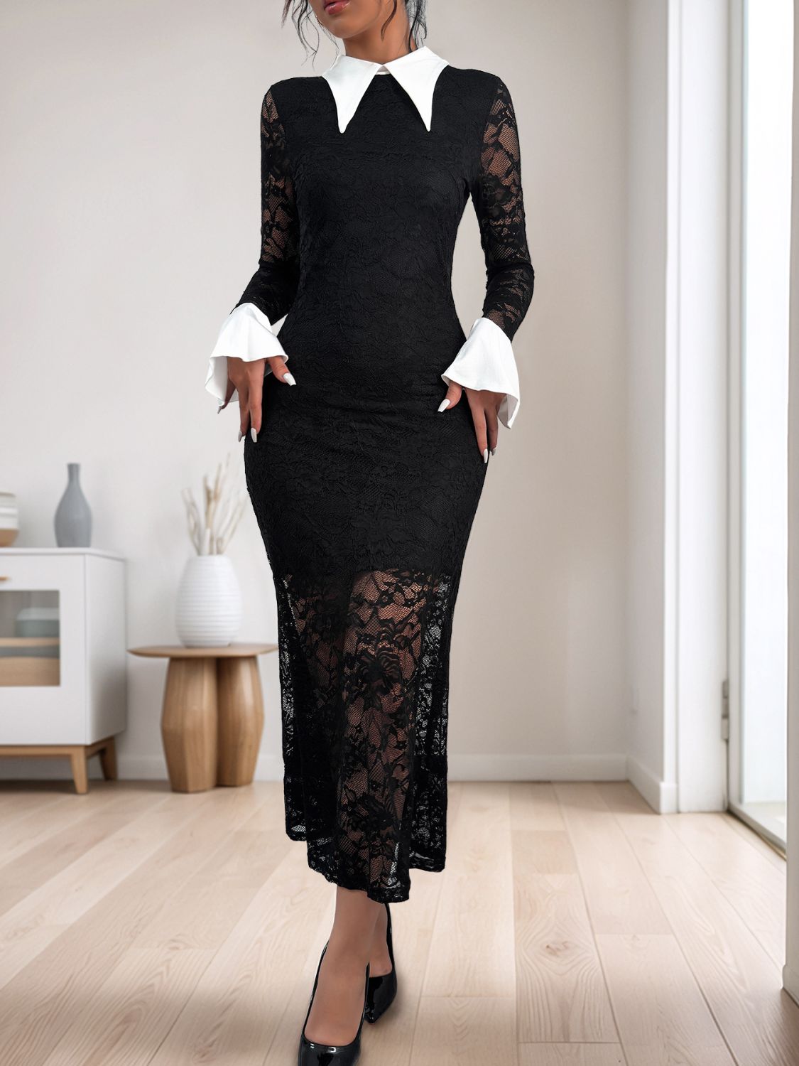 Perfee Lace Contrast Collared Neck Long Sleeve Midi Dress - Supernovarieties Boutique