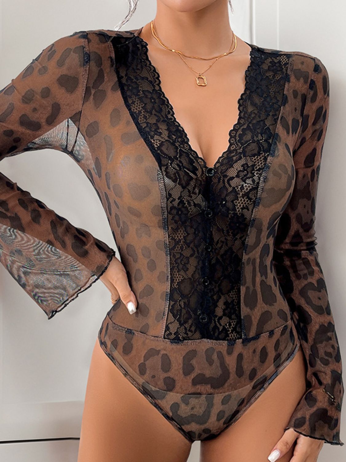 Perfee Leopard V-Neck Lace Bodysuit - Supernovarieties Boutique