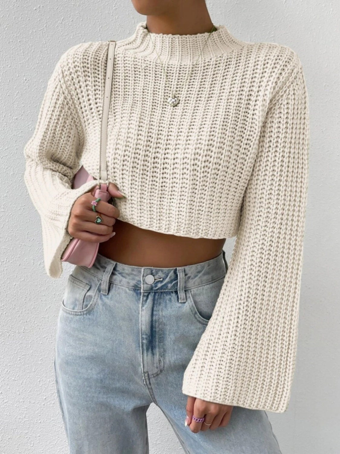 Mock Neck Long Sleeve Cropped Sweater - Supernovarieties Boutique