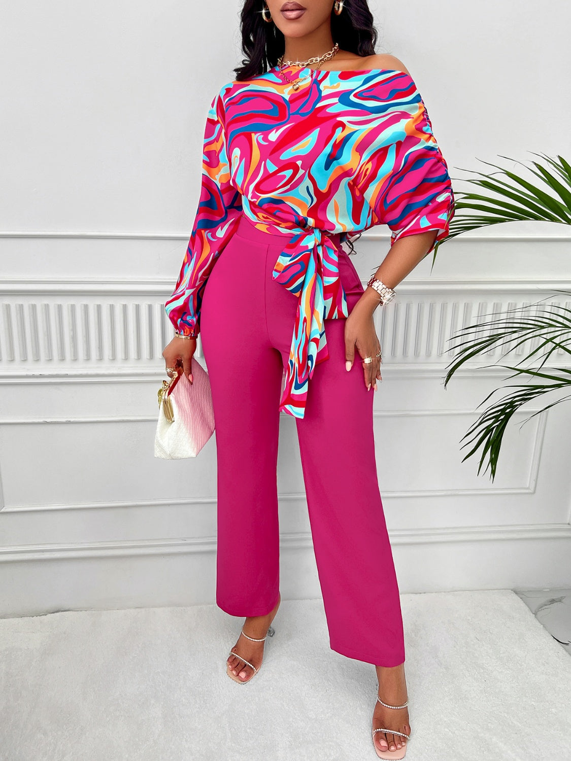 Printed Tied Top and Straight Leg Pants Set - Supernovarieties Boutique
