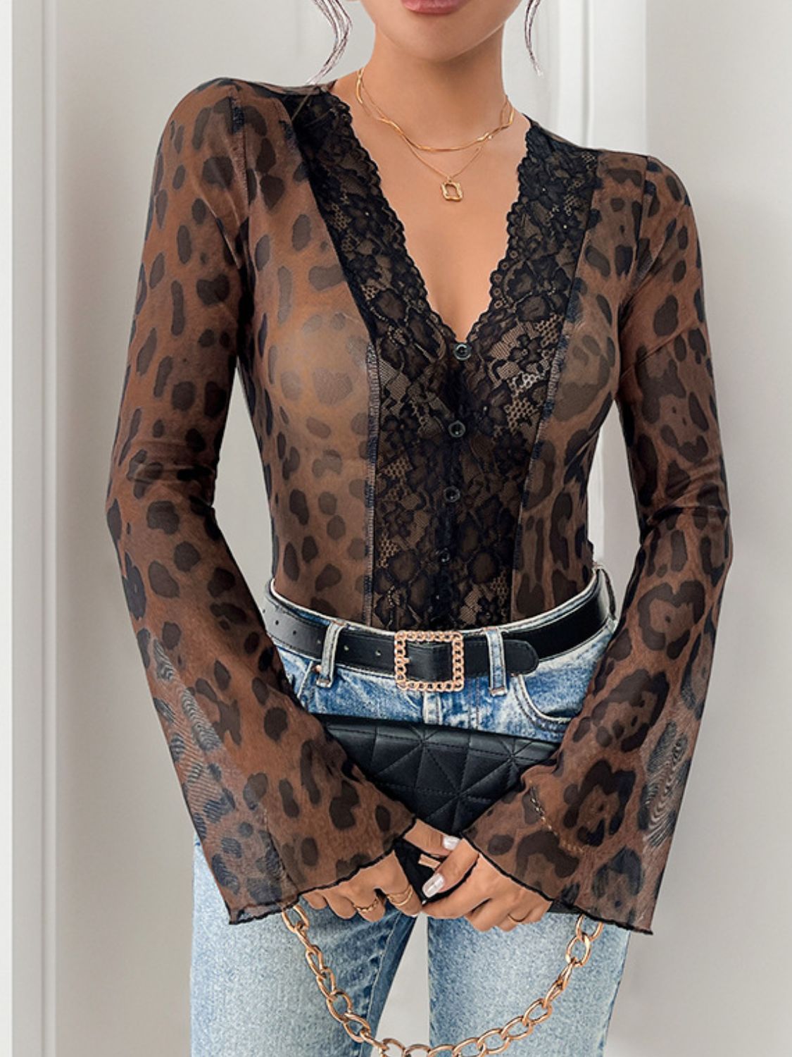 Perfee Leopard V-Neck Lace Bodysuit - Supernovarieties Boutique