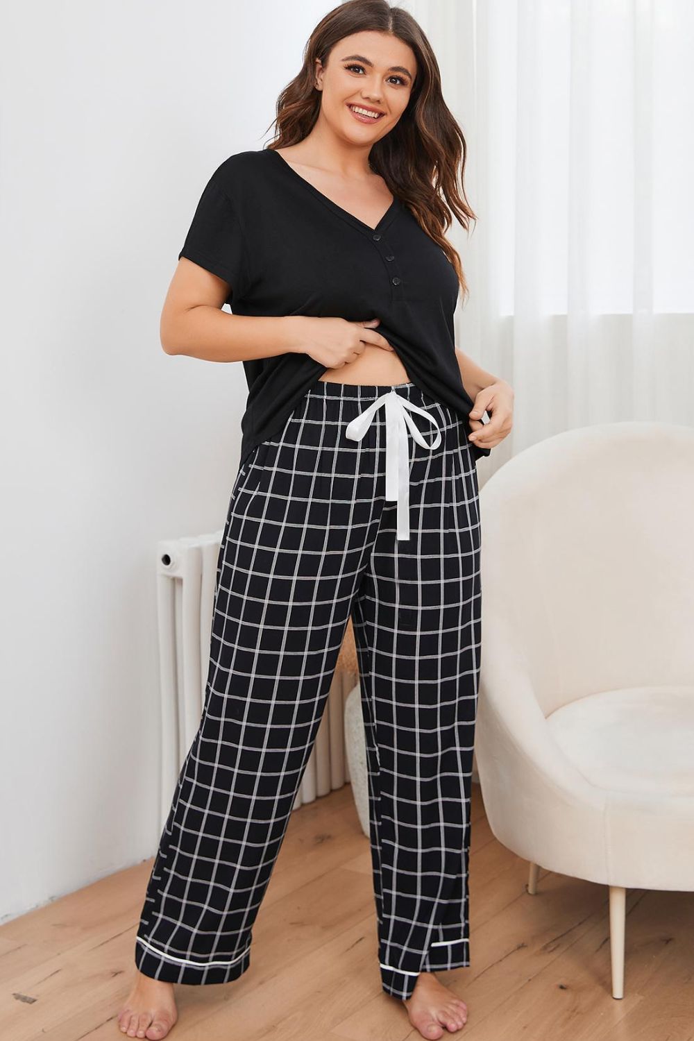 Plus Size V-Neck Top and Plaid Pants Lounge Set - Supernovarieties Boutique