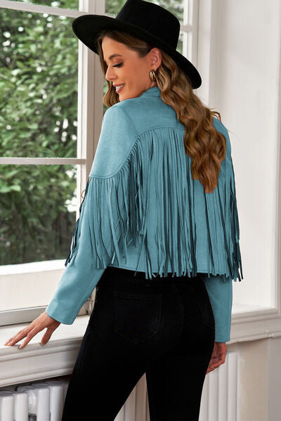 Fringe Trim Lapel Collar Cropped Blazer - Supernovarieties Boutique