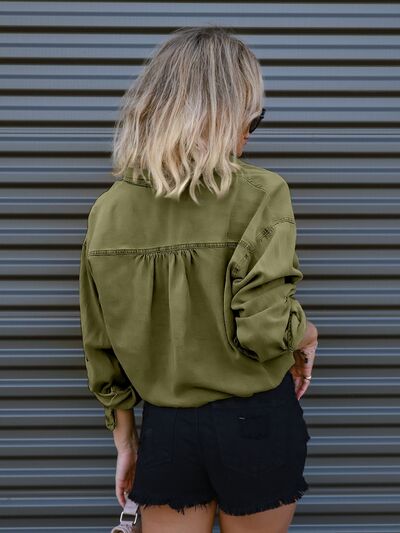 Drawstring Pocketed Button Up Denim Top - Supernovarieties Boutique