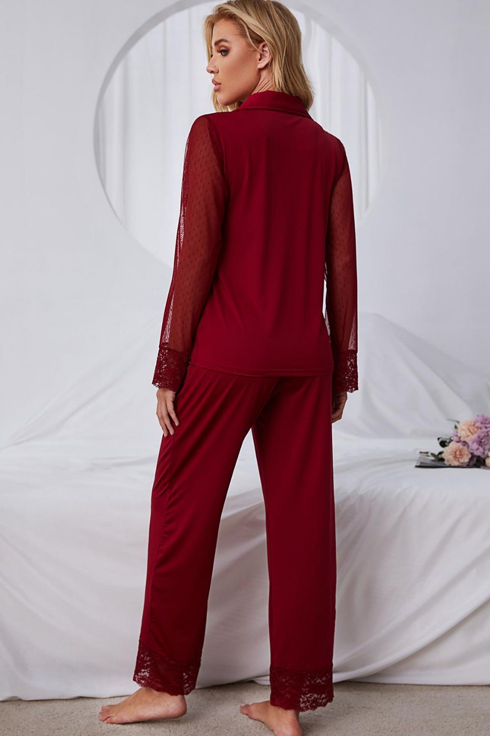 Spliced Lace Lapel Collar Pajama Set - Supernovarieties Boutique