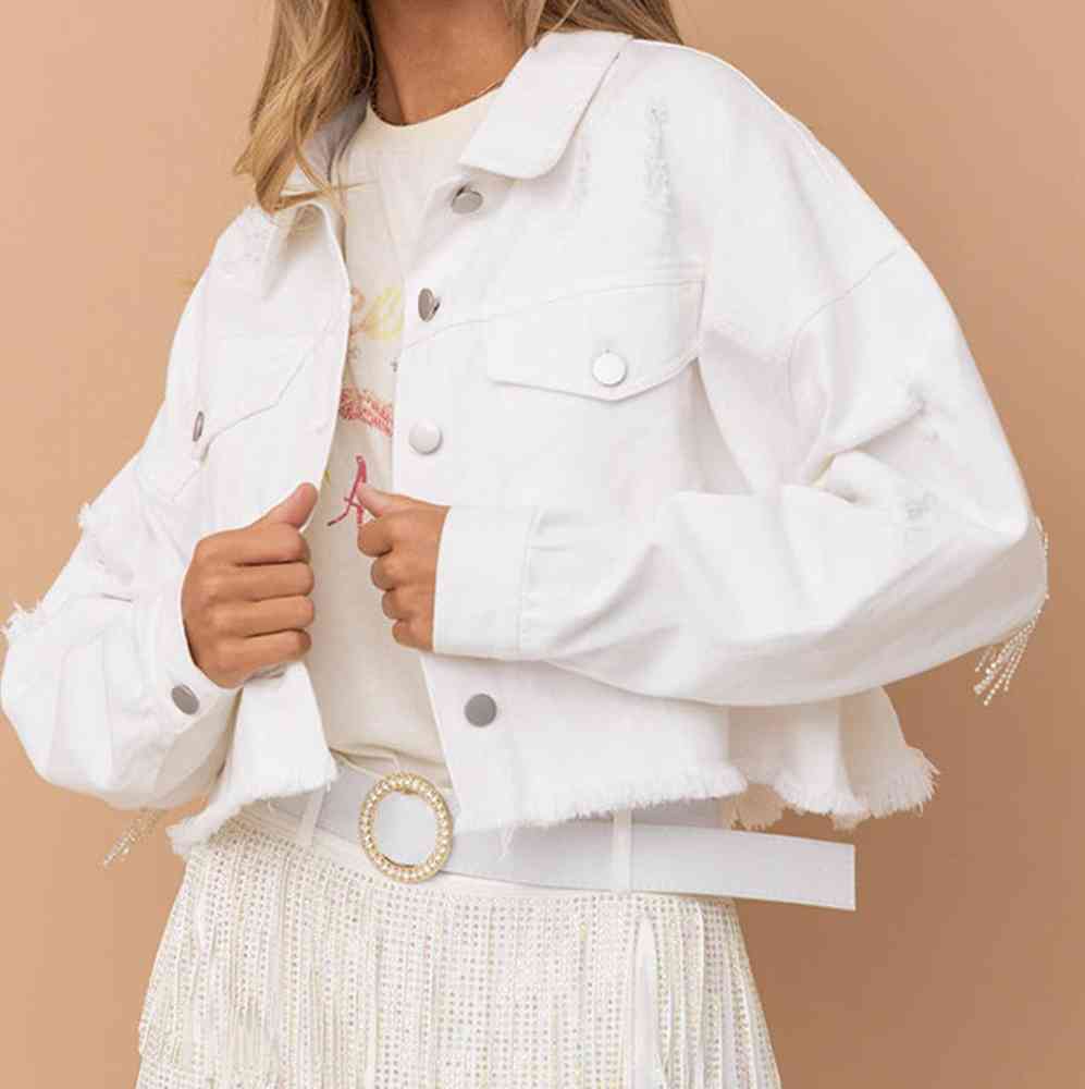 Distressed Raw Hem Dropped Shoulder Denim Jacket - Supernovarieties Boutique