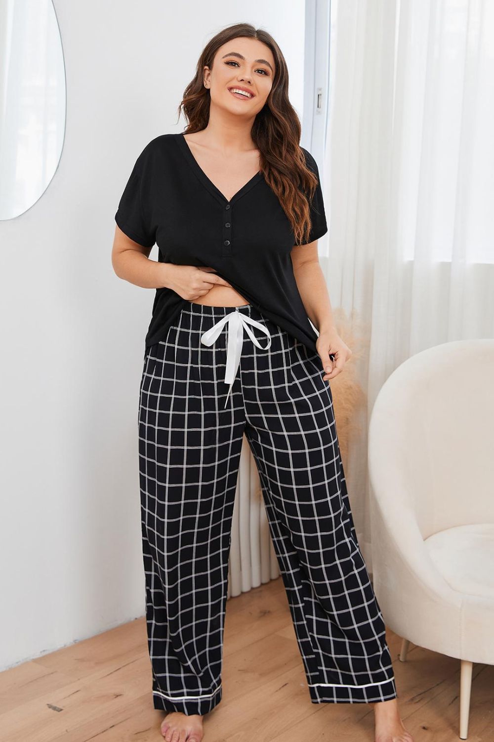 Plus Size V-Neck Top and Plaid Pants Lounge Set - Supernovarieties Boutique
