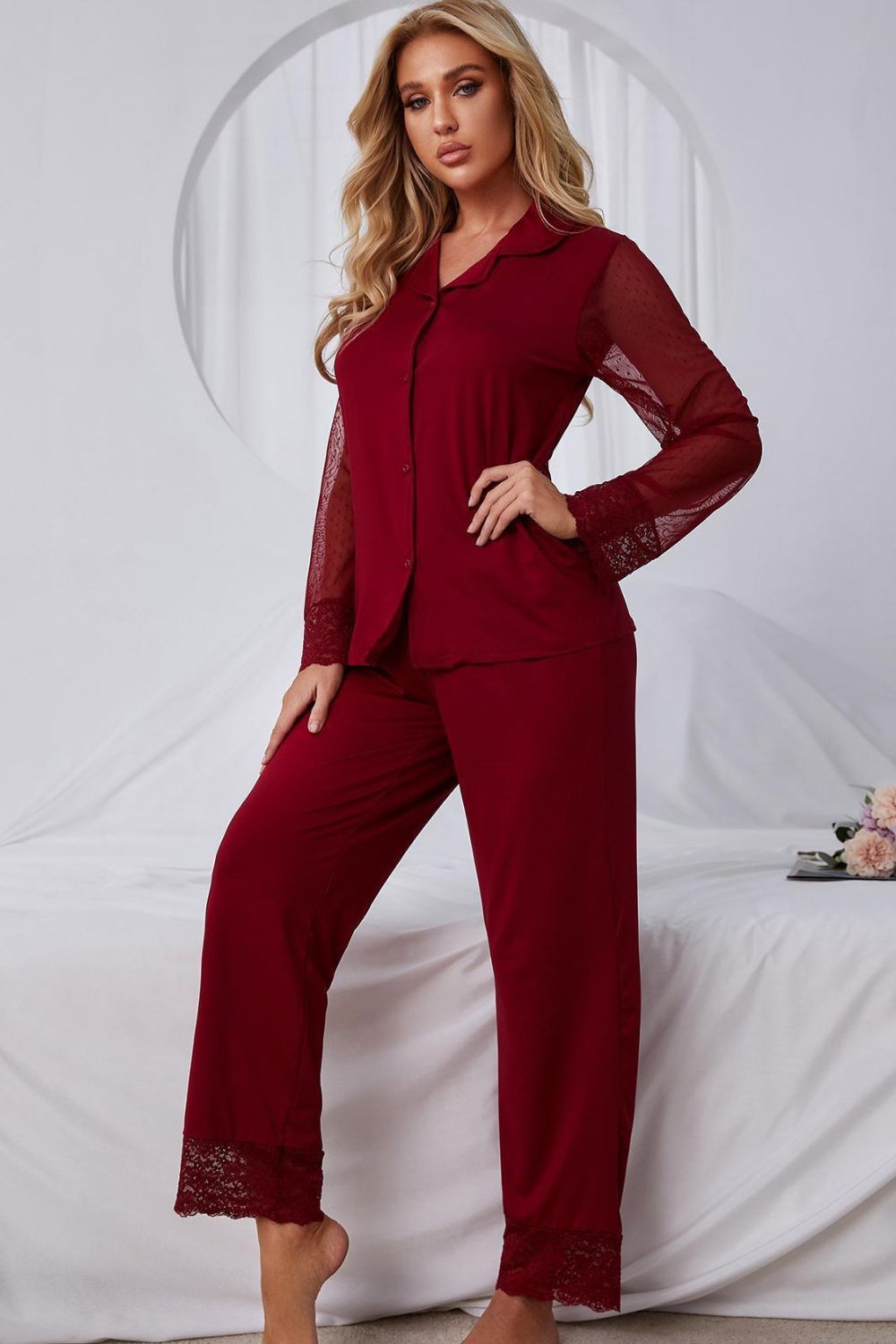 Spliced Lace Lapel Collar Pajama Set - Supernovarieties Boutique