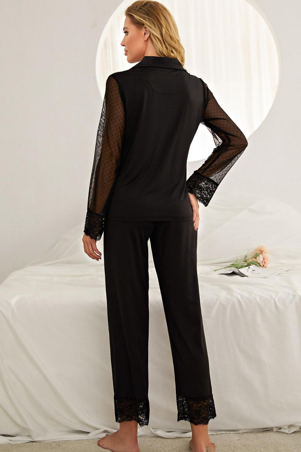 Spliced Lace Lapel Collar Pajama Set - Supernovarieties Boutique
