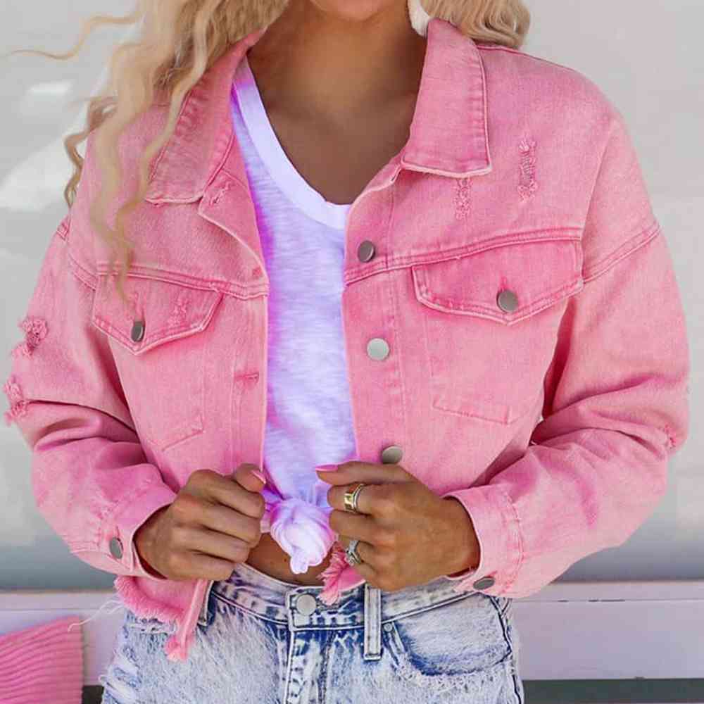 Distressed Raw Hem Dropped Shoulder Denim Jacket - Supernovarieties Boutique
