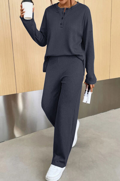 Ribbed Half Button Top and Pants Set - Supernovarieties Boutique