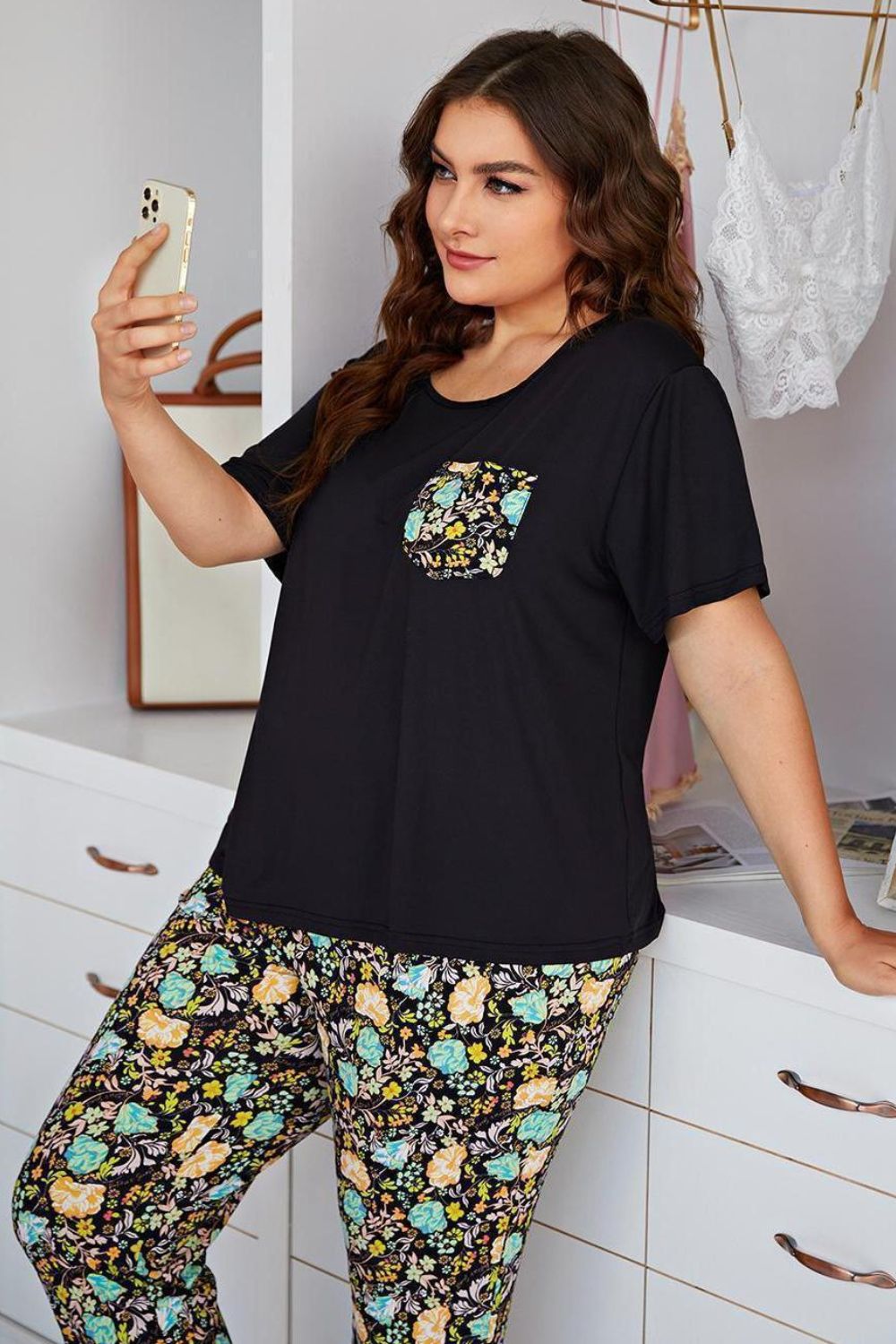 Plus Size Contrast Round Neck Tee and Floral Pants Lounge Set - Supernovarieties Boutique