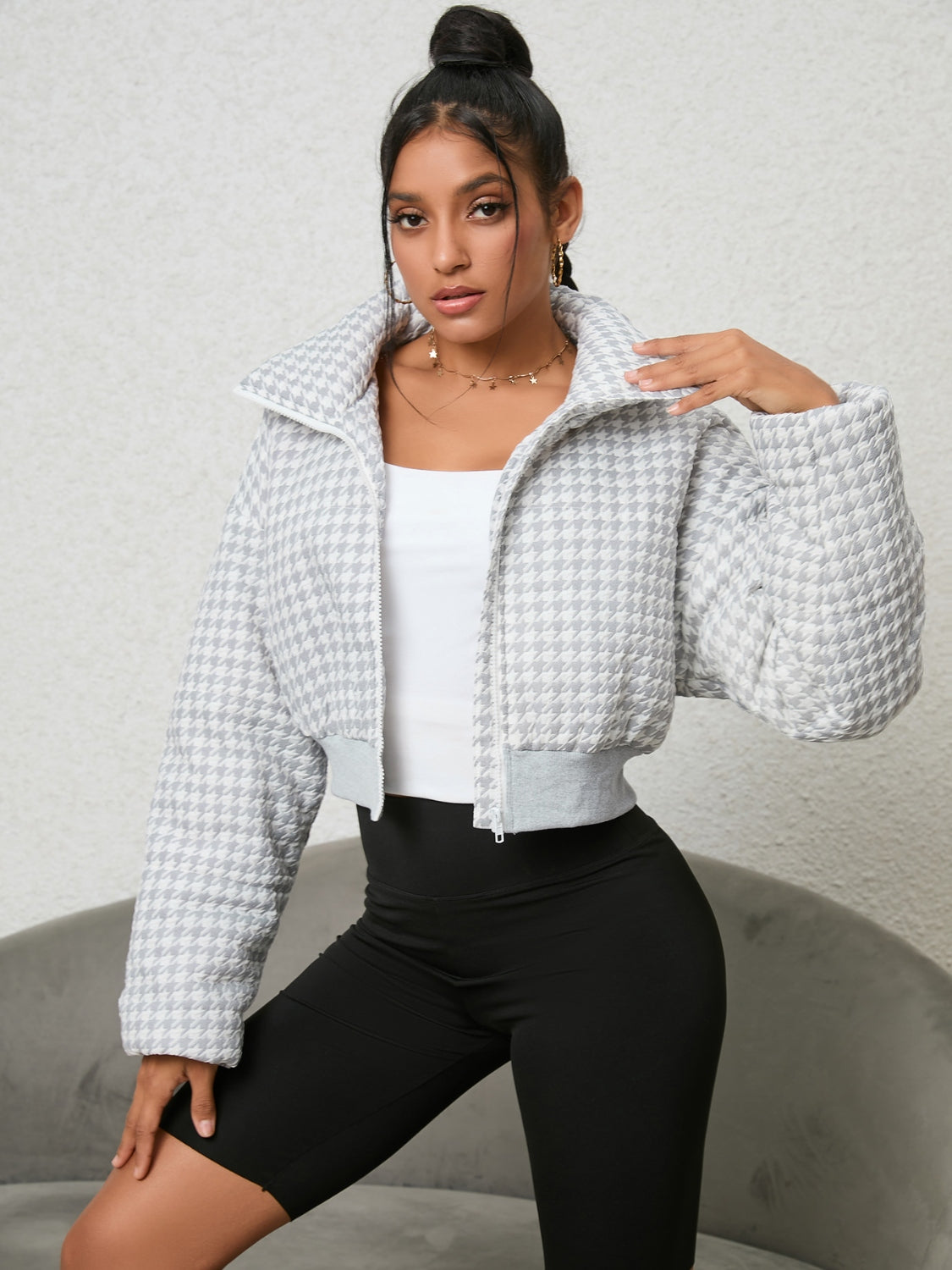 Houndstooth Zip-Up Jacket - Supernovarieties Boutique