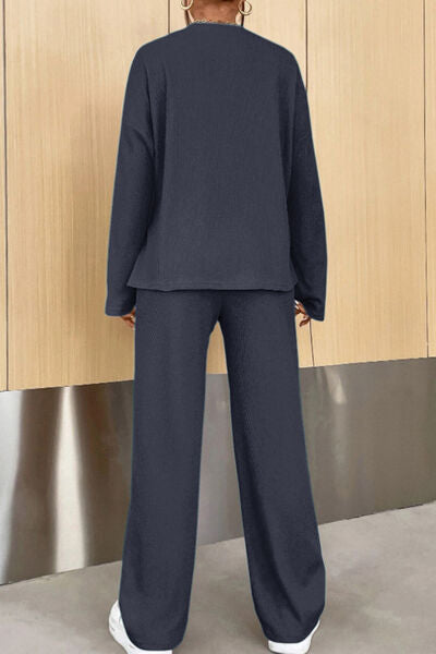 Ribbed Half Button Top and Pants Set - Supernovarieties Boutique