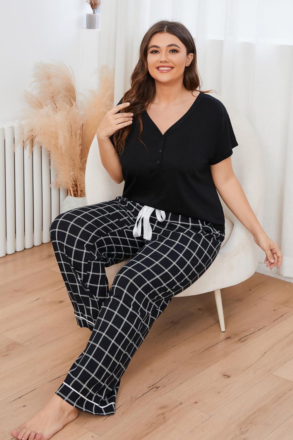 Plus Size V-Neck Top and Plaid Pants Lounge Set - Supernovarieties Boutique