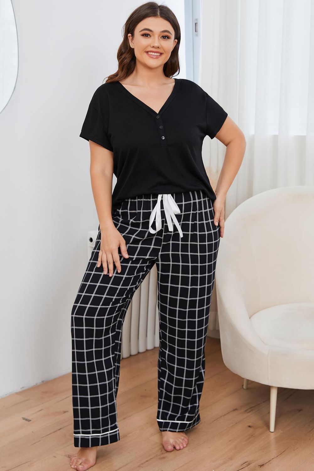 Plus Size V-Neck Top and Plaid Pants Lounge Set - Supernovarieties Boutique
