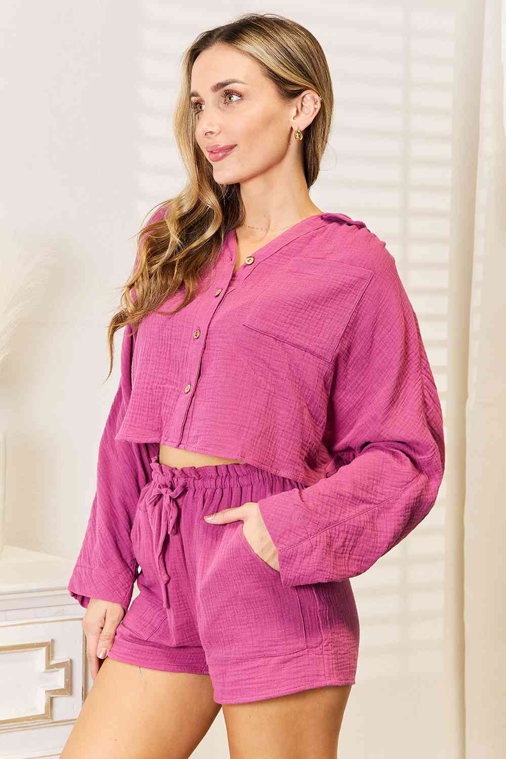 Basic Bae Buttoned Long Sleeve Top and Shorts Set - Supernovarieties Boutique