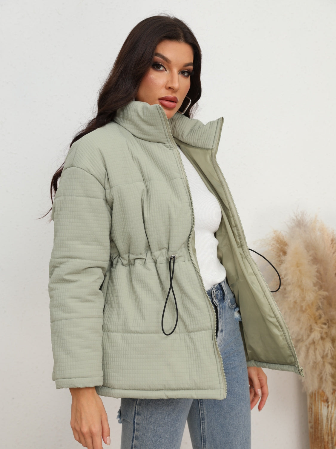 Drawstring Waist Zip-Up Puffer Jacket - Supernovarieties Boutique