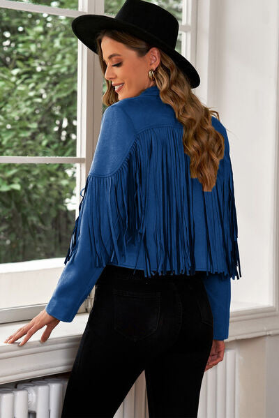 Fringe Trim Lapel Collar Cropped Blazer - Supernovarieties Boutique