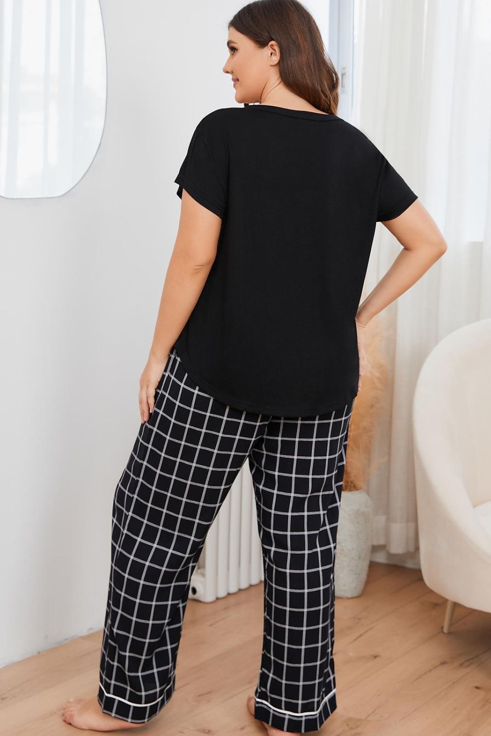 Plus Size V-Neck Top and Plaid Pants Lounge Set - Supernovarieties Boutique