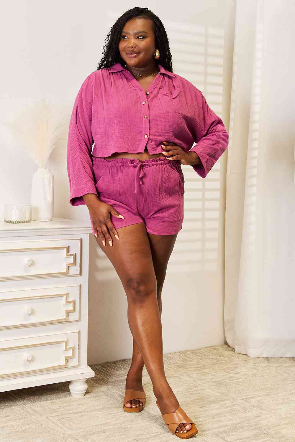 Basic Bae Buttoned Long Sleeve Top and Shorts Set - Supernovarieties Boutique