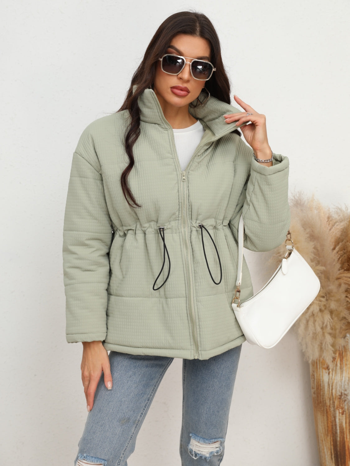 Drawstring Waist Zip-Up Puffer Jacket - Supernovarieties Boutique