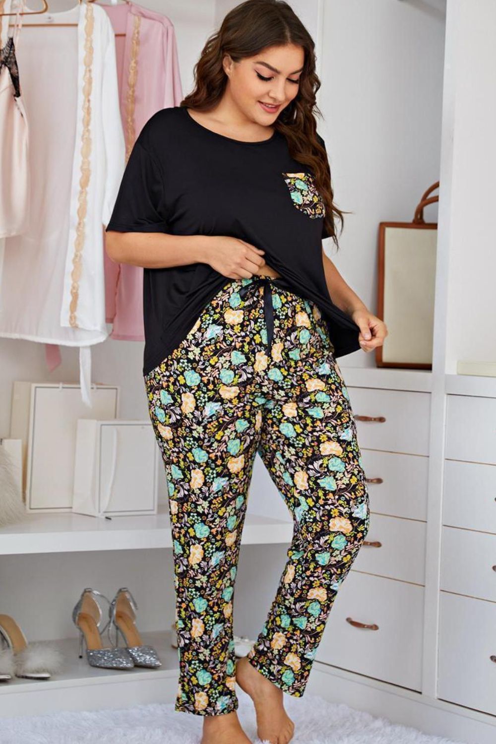 Plus Size Contrast Round Neck Tee and Floral Pants Lounge Set - Supernovarieties Boutique
