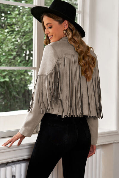 Fringe Trim Lapel Collar Cropped Blazer - Supernovarieties Boutique