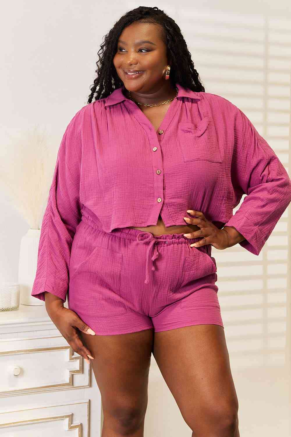 Basic Bae Buttoned Long Sleeve Top and Shorts Set - Supernovarieties Boutique
