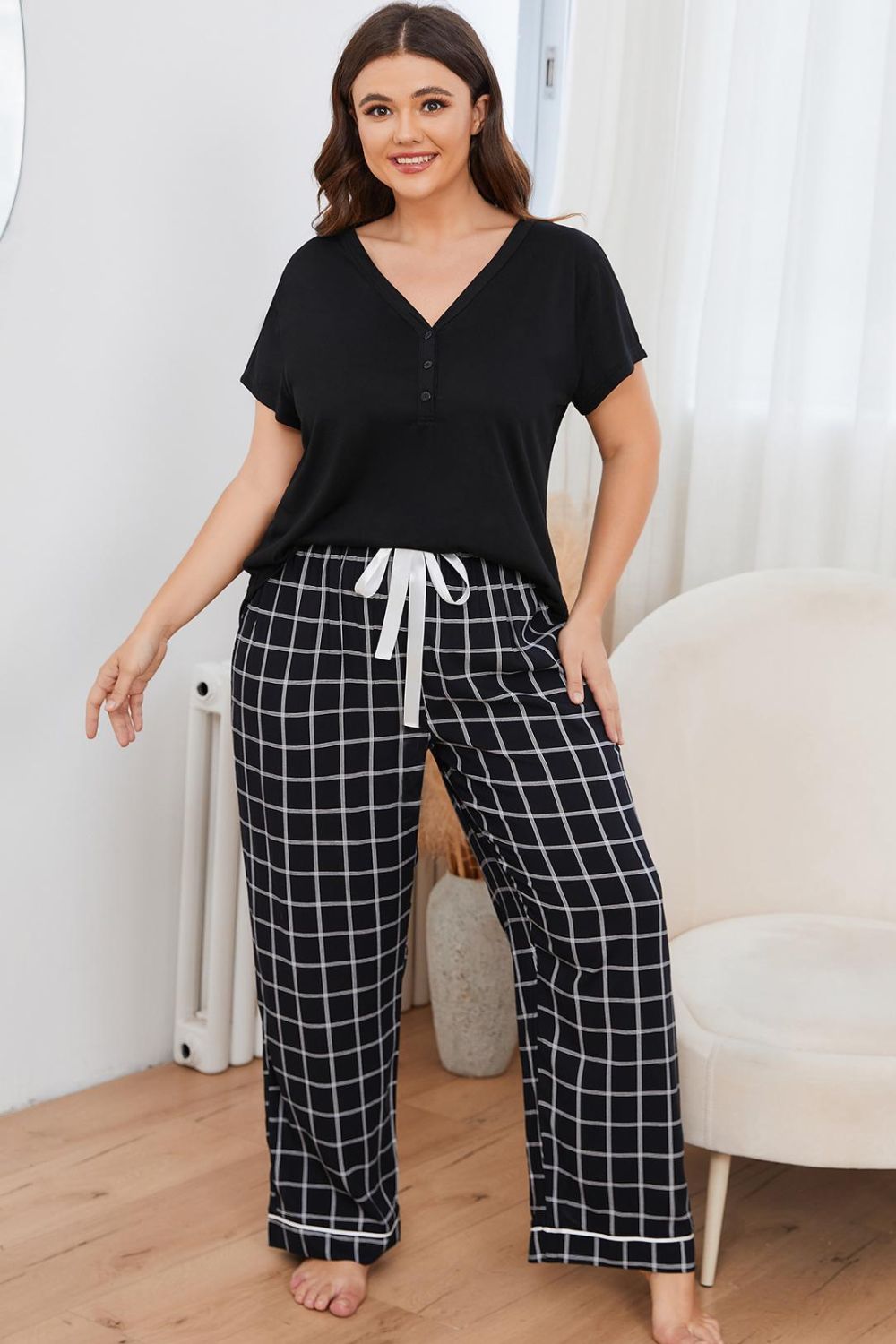 Plus Size V-Neck Top and Plaid Pants Lounge Set - Supernovarieties Boutique