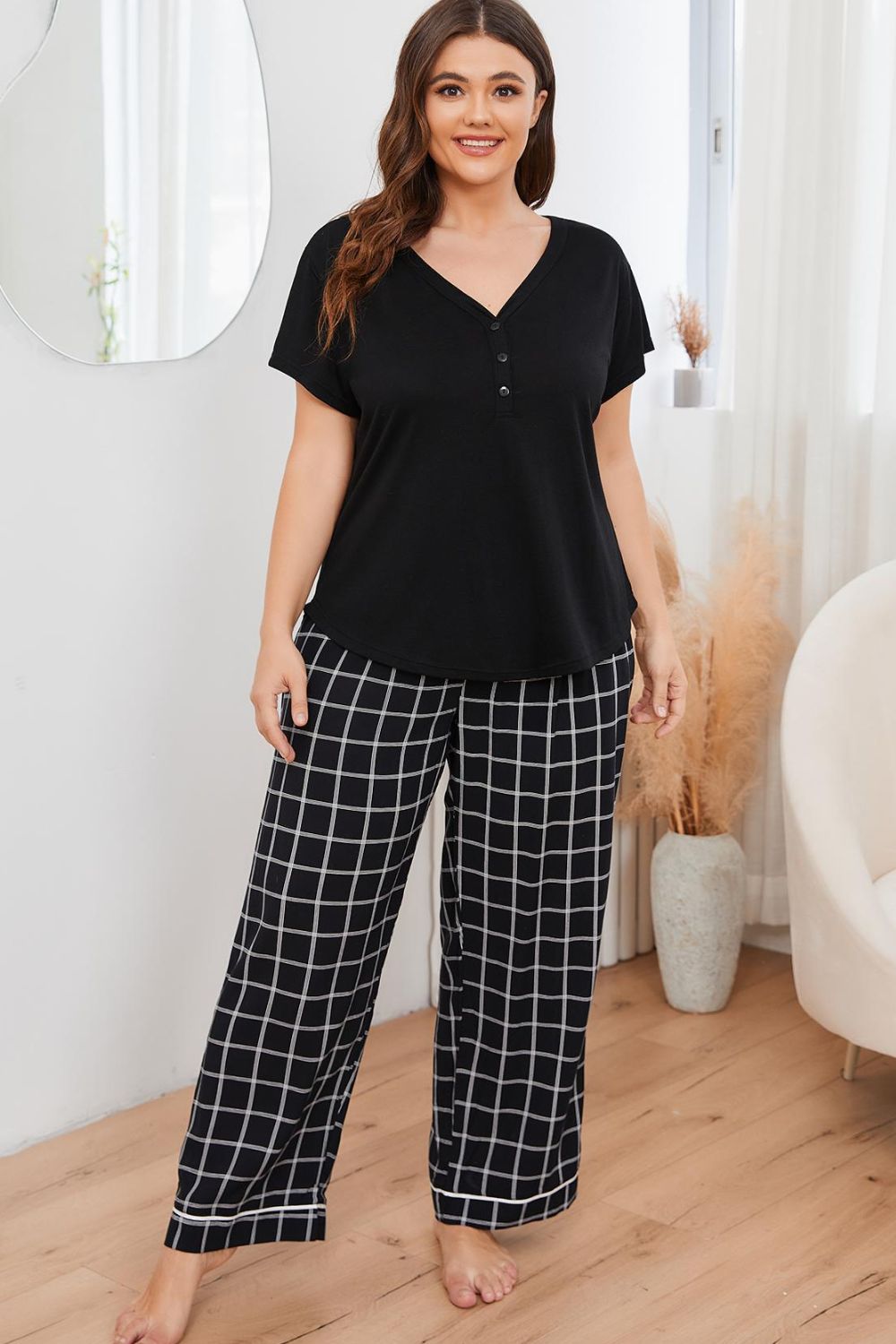 Plus Size V-Neck Top and Plaid Pants Lounge Set - Supernovarieties Boutique